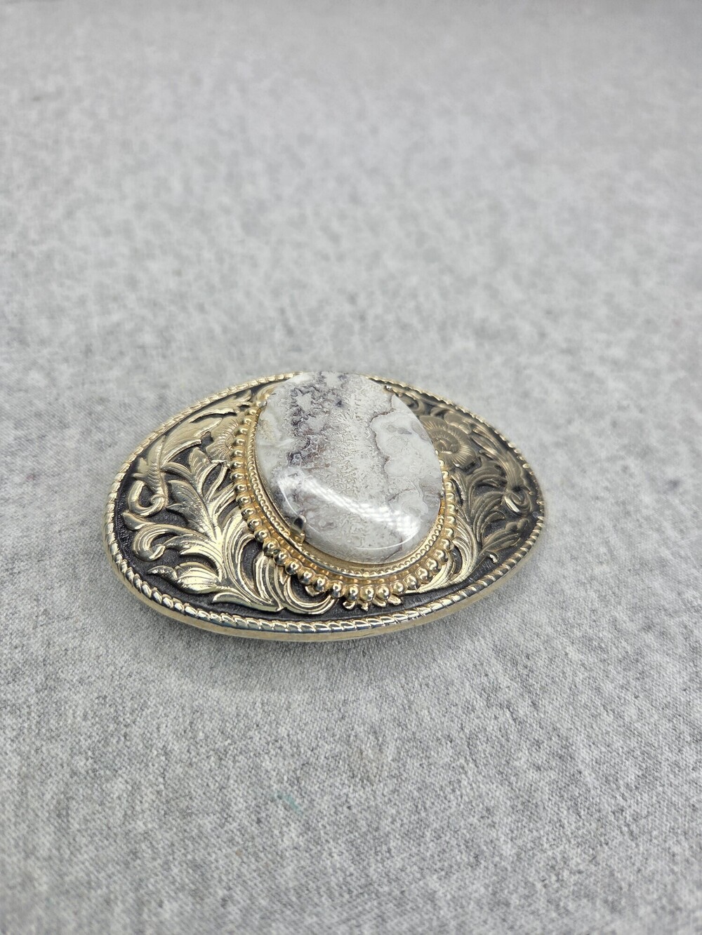 Womens Western Belt Buckle White Howlite Stone Silver Gold Filigree Oval Vintage